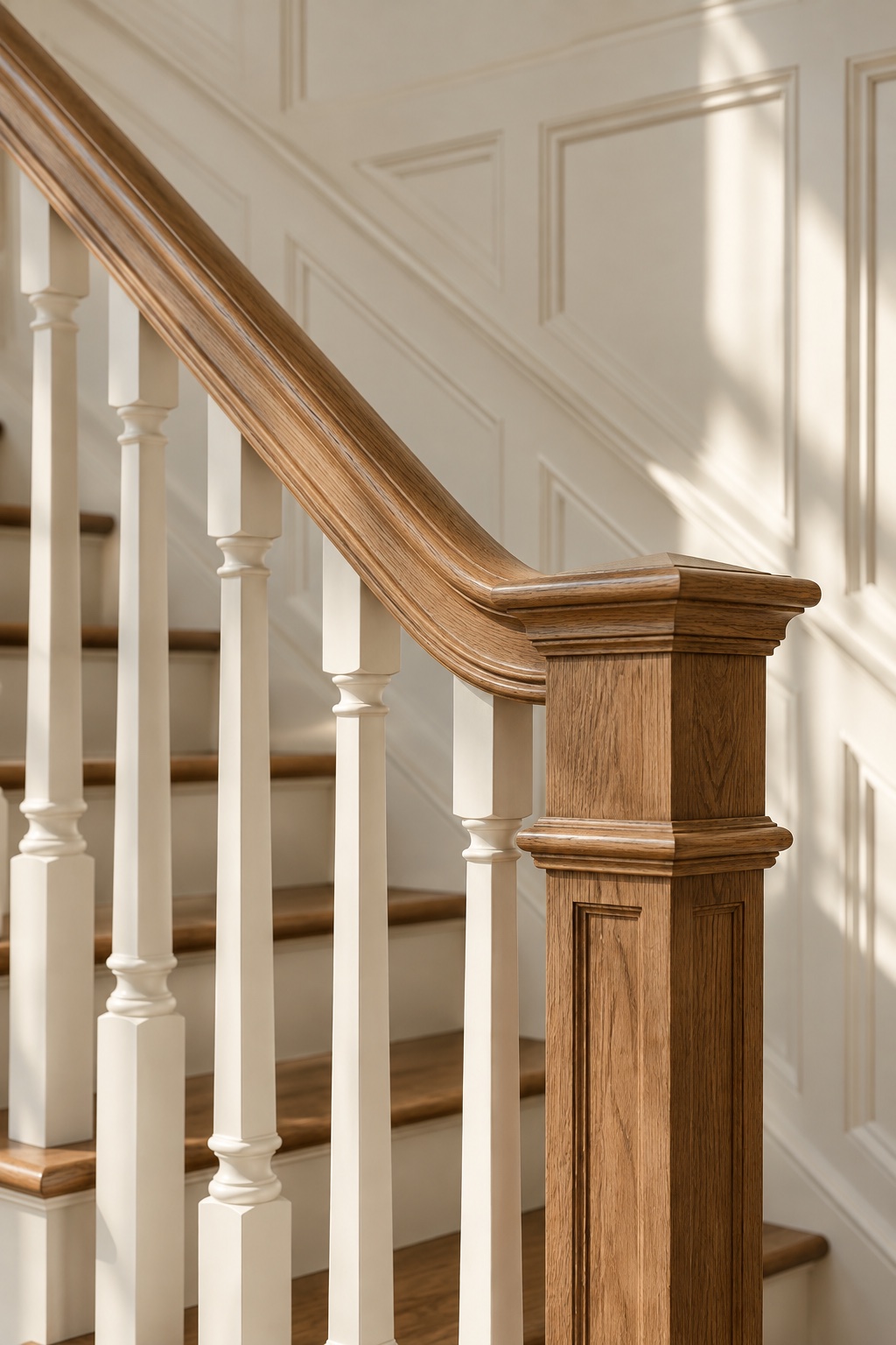 Architectural concept of an oak stair handrail and traditional painted joinery.