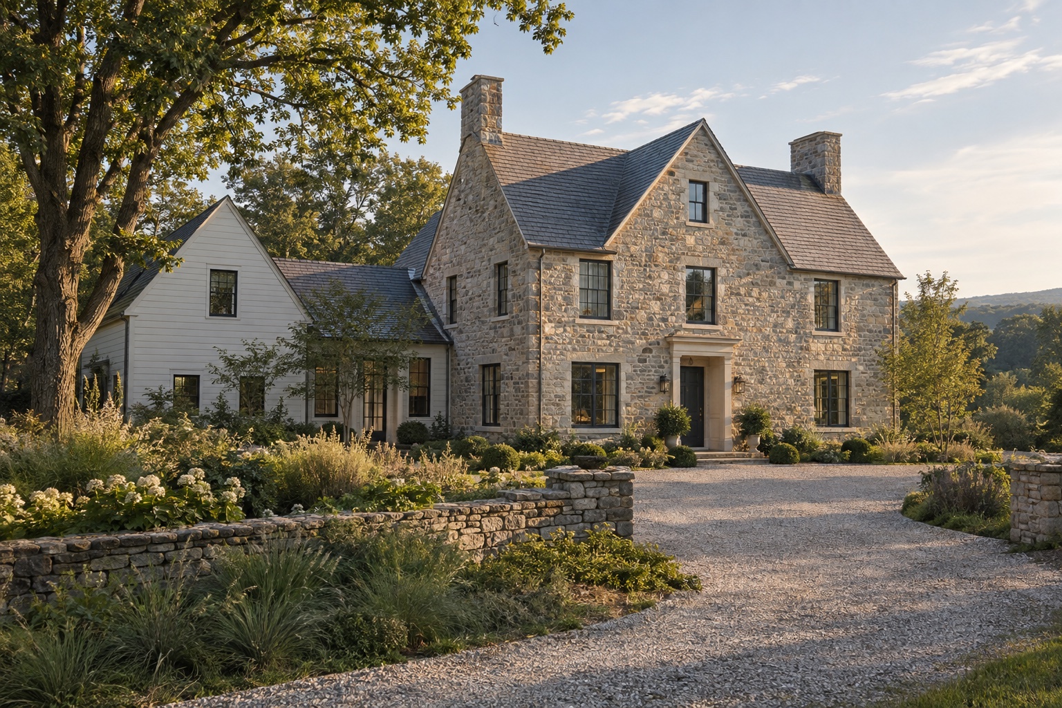 Architectural concept of a traditional stone and timber home in a leafy garden.