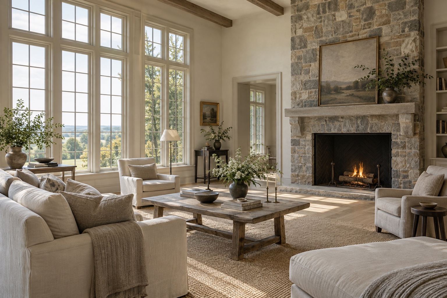 Interior concept of a traditional living room with a stone fireplace and tall windows.
